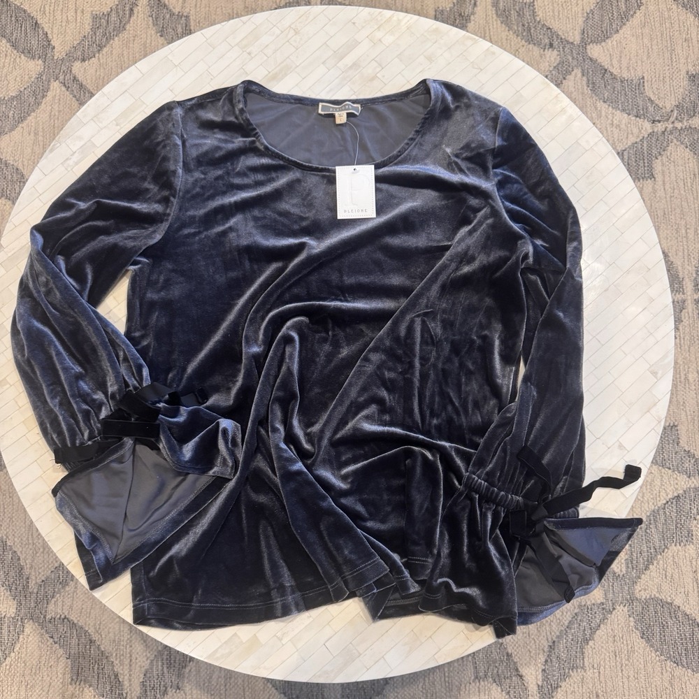 NEW Pleione Anthropologie Womens‎ L Blue-Gray Velvet Bell Sleeve Top Whimsigoth